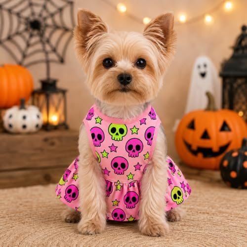 Halloween Dog Dress, Size Medium, Hot Pink Skull Puppy Dress, Cute Spooky Pet Costume Clothes for Boy Girl Dogs, Halloween Holiday Party Outfit Pet Accessories - Image 6