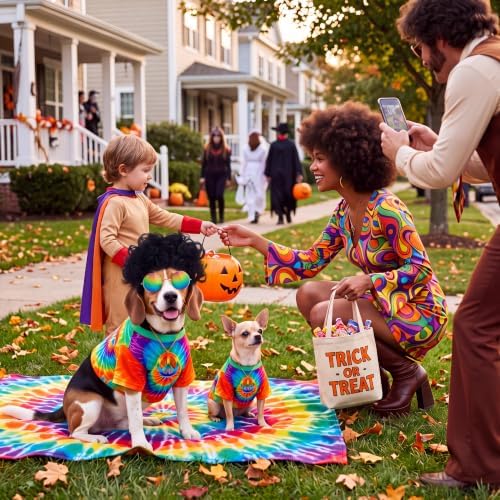 Kinlop 4 Pcs Hippie Dog Costume Halloween Pet Costume Accessories Includes 60s 70s Colorful Tie Dye T-Shirt Funky Wig Peace Sign Necklace and Sunglasses for Party Dress up(L) - Image 6