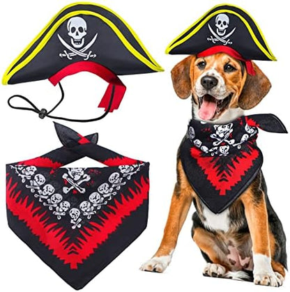 2 Pieces Skull Print Pet Pirate Hat with Pirate Skull Bandana Dog Cat Captain Cap Halloween Pirate Cosplay Costume Halloween Party Hat Dress Up Costume Accessories (C) One Size by Aichiyu