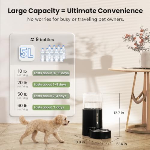 CZPET 5L Gravity Water Bowl Dispenser for Cats and Dogs (Black)