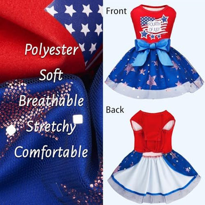 XPUDAC 4th of July Tulle Dog Dress Patriotic Clothes Doggie Outfit with Bow Independence Stars Skirt Pet Holiday Apparel for Small Dog Girl Cat, M - Image 6