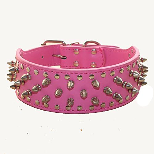 Serijoars Spiked Studded Dog Collar, PU Leather Dog Collar, Adjustable Pet Collars for Medium or Large Breed Pet (M, Hot Pink)