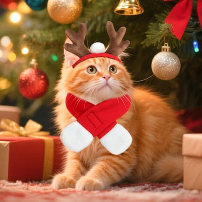 NAMSAN Pet Reindeer Costume for Cats Small Dogs Rabbits, Christmas Cat Antler Headband with Red Scarf, Small Dog Santa Deer Antler Outfit for Christmas New Year Party Cosplay Statue Decoration - Image 5
