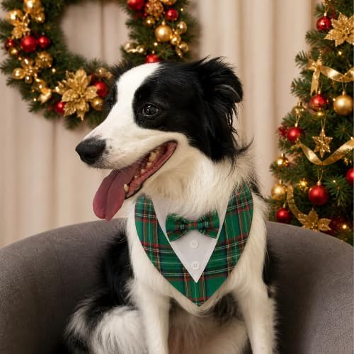 FUAMEY Dog Tuxedo, Christmas Bow Ties for Dogs Holiday Plaid Dog Bandanas - Image 4