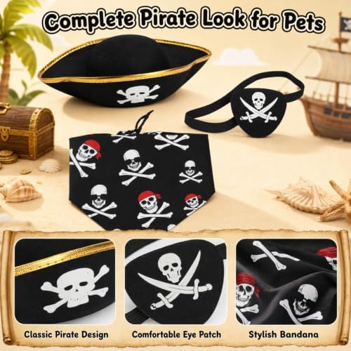 3PCS Dog Pirate Costume, Halloween Pet Outfit with Eye Patch and Gold Trim, Complete Pirate Dress Up Set for Costume Parties and Photo Sessions - Image 3