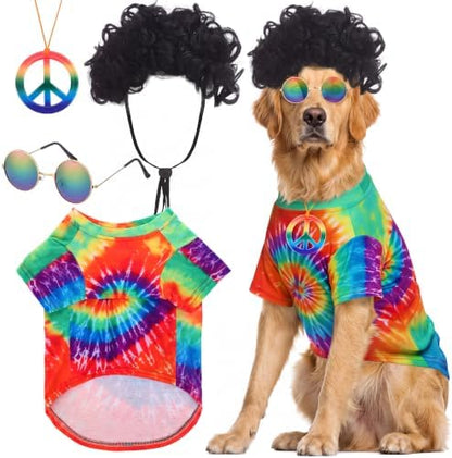 Kinlop 4 Pcs Hippie Dog Costume Halloween Pet Costume Accessories Includes 60s 70s Colorful Tie Dye T-Shirt Funky Wig Peace Sign Necklace and Sunglasses for Party Dress Up(XL) by Kinlop