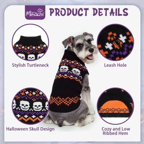 Mihachi Halloween Dog Sweater Turtleneck with Skull Pattern - Warm Knit Pullover for Small Medium Large Dogs with Leash Hole, Cozy Fall Winter Pet Clothes, Black XL - Image 3