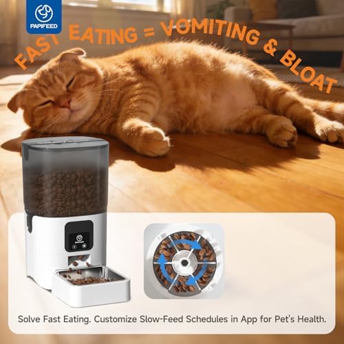 PAPIFEED Automatic Cat Feeder with App, 5G WiFi Auto Cat Feeder, 6L Slow-Feed Cat Food Dispenser for Dry Food, Dual Power Supply Timed Pet Feeder for Small Dog, 10 Meals/Day, 12 Portions/Meal, White