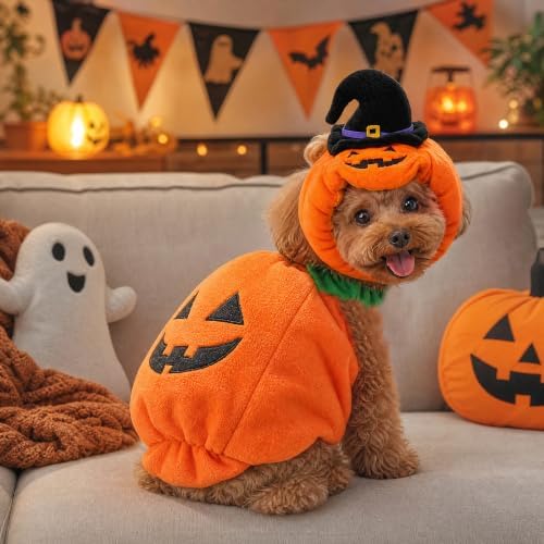 Dog Halloween Costume Pumpkin Outfit for Cats & Small Medium Dogs Plush Pumpkin Back Costume with Witch Hat Headwear Funny Cat Cosplay Apparel for Halloween Party L - Image 6