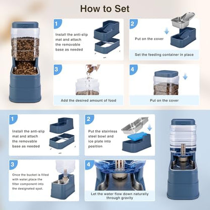 2 Pack Automatic Cat Feeder and Water Dispenser 1.3Gallon Dog Gravity Food Feeder and Water with Ice Pack Stainless Steel Dry Food and Waterer Bowl for Small Medium Large Pets (Blue)