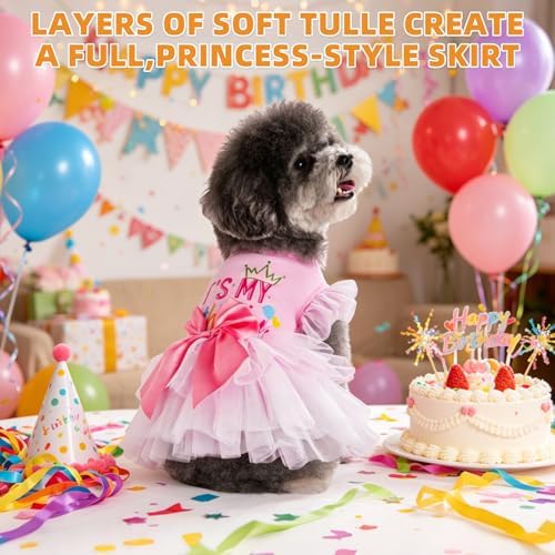 KOOLTAIL Dog Birthday Dress for Small Medium Dogs Girl, Puppy Lace Tutu Pink Birthday Party Holiday Outfit Gift, Cute Ruffle Sleeves Bowknot Dress, Soft Pet Cat Princess Clothes Costume Apparel, S - Image 6