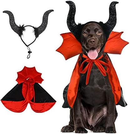 2 Pcs Dog Halloween Costume Set Cat Witch Vampire Cape Devil Horns Hat Holiday Clothes for Cat Puppy Halloween Party Pet Outfits (Red) M by CooShou