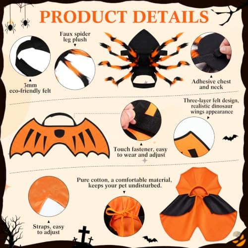 3 Pcs Halloween Costume for Dog Cat, Spider Bat Wings Cape, Orange, S - Image 3