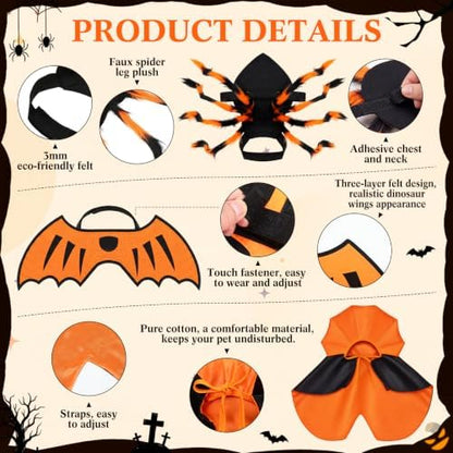 3 Pcs Halloween Costume for Dog Cat, Spider Bat Wings Cape, Orange, S - Image 3