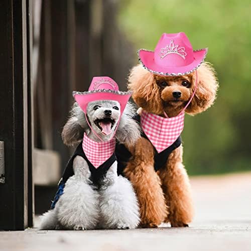 Yewong Pet Pink Cowboy Hat Costume Accessory Set Dog Cat Size Pink Cowgirl Princess Hat with Crown Tiara Bandana/Scarf for Cat Puppy Western Costume Daily Wearing Photo Props (Set B) - Image 6