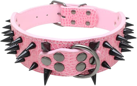 Serijoars Spiked Studded Dog Collar, PU Leather Dog Collar, Adjustable Pet Collars for Medium or Large Breed Pet (XL, Pink3)