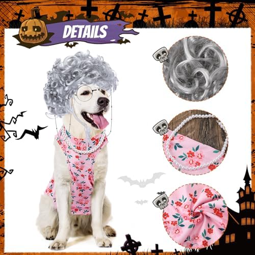 4Pcs Halloween Old Lady Costume Dog Grandma Outfit, Pink Ditsy Floral, 3 XL - Image 3