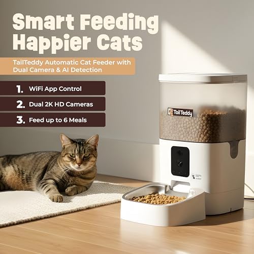 TailTeddy Automatic Cat Feeder with Dual Camera & AI Detection (6L), Smart Pet Feeder with WiFi App & Two-Way Audio, Timed Cat Feeder up to 6 Meals/Day, Stainless Steel Bowl & Battery Backup
