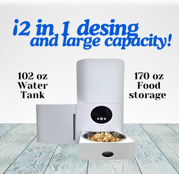 Smart Automatic Pet Feeder with Water Dispenser, WiFi Enabled, 2.4GHz/5GHz Compatible, Automatic Food Dispenser with Mobile App Control, Schedule Your Pets' Meal Times, White