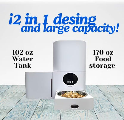 Smart Automatic Pet Feeder with Water Dispenser, WiFi Enabled, 2.4GHz/5GHz Compatible, Automatic Food Dispenser with Mobile App Control, Schedule Your Pets' Meal Times, White