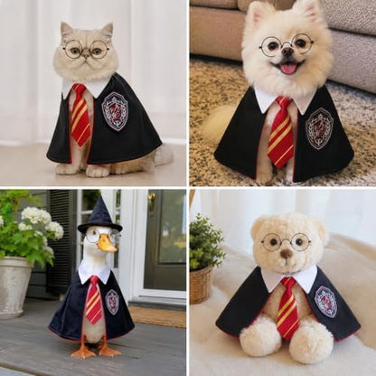 Dog Cat Wizard Costume, Halloween Pet Cape with Necktie & Glasses, S - Image 5