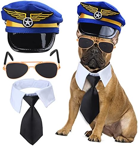 Yewong 3 Pieces Pet Captain Pilot Costume Accessory Set Dog Cat Pilot Hat Formal Necktie Collar Pilot Costume Accessories for Pet Pilot Fancy Dress Halloween Party (Set-C) by Yewong