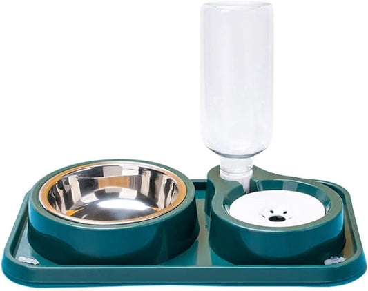 JiangYanus Double Dog Cat Bowls, Pet Water and Food Bowl Set with Automatic Water Dispenser Bottle Detachable Stainless Steel Bowl, Gravity Water Feeder Bowl No-Spill for Cats Dogs Puppy Kitten Rabbit