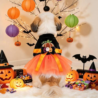 Dog Halloween Costume - Pumpkin Tutu Dress for Small Dogs & Puppies, Cute Holiday Pet Apparel with Bowtie, Fall Party Outfit L-Pumpkin Large - Image 6