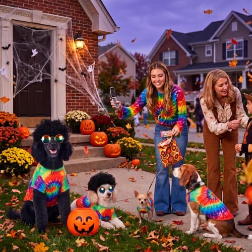 Kinlop 4 Pcs Hippie Dog Costume Halloween Pet Costume Accessories Includes 60s 70s Colorful Tie Dye T-Shirt Funky Wig Peace Sign Necklace and Sunglasses for Party Dress up(L) - Image 2