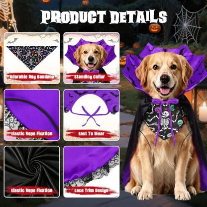 Dog Halloween Costumes with Black Bandana, Dog Vampire Cloak Cape(Purple,S) - Image 2