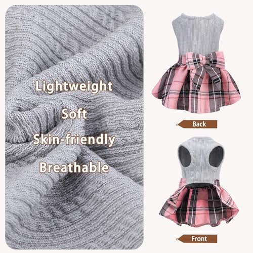 PUPTECK Cute Soft Plaid Dog Dress with Bow Puppy Skirt Clothes, Grey Pink L - Image 3
