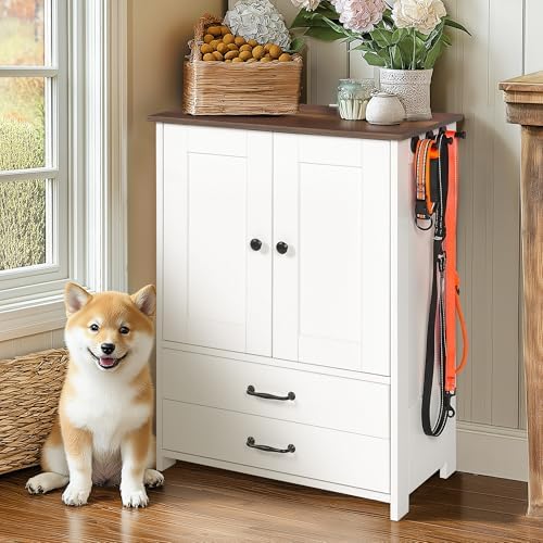 Dog Feeding Station,Double Door Locker with 2 Adjustable Bowls,Pet Food Storage Pet Feeder Cabinet Container with Dog Raised Bowls and Hanger for Feeding & Watering Supplies (White)