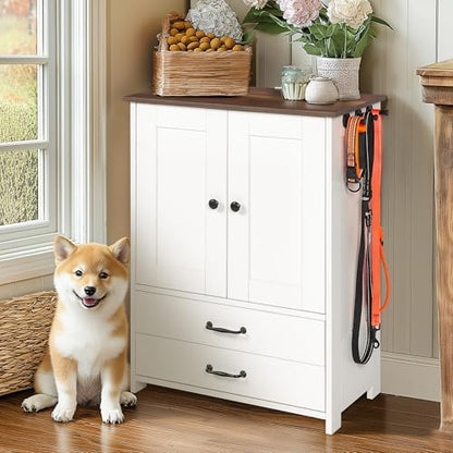 Dog Feeding Station,Double Door Locker with 2 Adjustable Bowls,Pet Food Storage Pet Feeder Cabinet Container with Dog Raised Bowls and Hanger for Feeding & Watering Supplies (White)