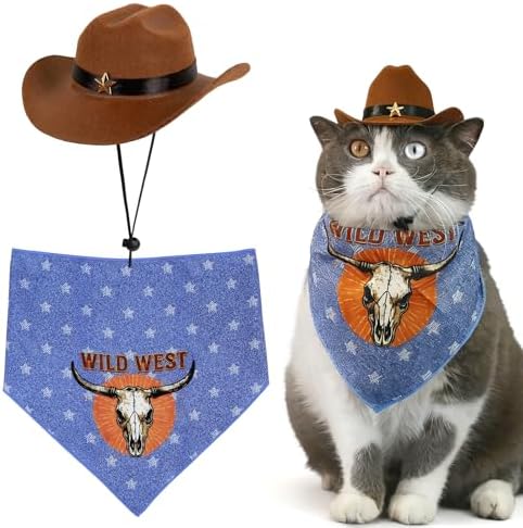 HOWWFALY Pet Cowboy Costume Set Dog Halloween Costumes Cat Cowboy Hat & Bandana Scarf for Small Medium Breeds(Bule, Small) by HOWWFALY