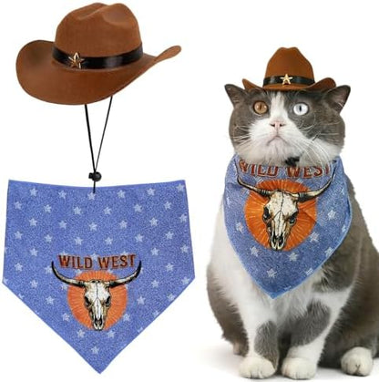 HOWWFALY Pet Cowboy Costume Set Dog Halloween Costumes Cat Cowboy Hat & Bandana Scarf for Small Medium Breeds(Bule, Small) by HOWWFALY