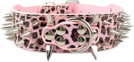 Serijoars Spiked Studded Dog Collar, PU Leather Dog Collar, Adjustable Pet Collars for Medium or Large Breed Pet (L, Leopard5)