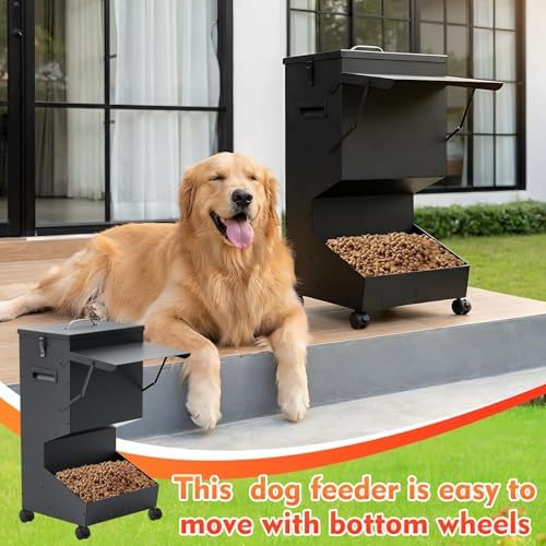 Willinglong 1 Pcs Automatic Large Dog Feeder with Lid and Wheels Outdoor 50 Lbs Self Feeding Pet Food Dispenser for Large Breed Dogs Pets