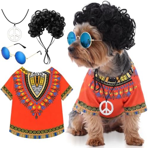 Kinlop 4 Pcs Hippie Dog Costume Halloween Pet Costume Accessories Includes 60s 70s African Dashiki T-Shirt Afro Wig Peace Sign Necklace and Sunglasses for Party Dress Up(M) by Kinlop
