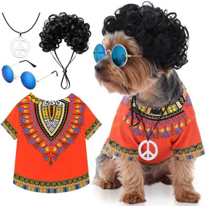 Kinlop 4 Pcs Hippie Dog Costume Halloween Pet Costume Accessories Includes 60s 70s African Dashiki T-Shirt Afro Wig Peace Sign Necklace and Sunglasses for Party Dress Up(M) by Kinlop