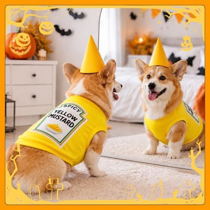 2 Pcs Halloween Dog Costume Set 3XL Yellow Mustard Themed Pet Outfit with Matching Cone Hat Sleeveless Printed Tank Top for Medium Dogs Holiday Party Dress Up - Image 6