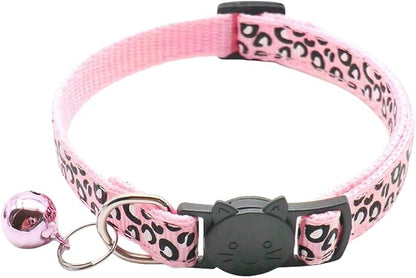 Reflective 2 Pack Breakaway Cat Collars with Bell Leopard Pattern Cute Kitty Adjustable 7.5-12.5 Inch Safe Kitten Collars Charms (Pink)