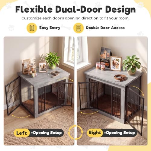 Greesum 3-in-1 Wooden Dog Crate Furniture, Side Table & Kennel with Cushion