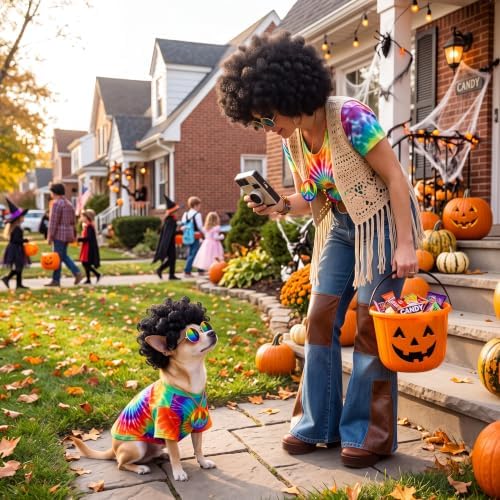 Kinlop 4 Pcs Hippie Dog Costume Halloween Pet Costume Accessories Includes 60s 70s Colorful Tie Dye T-Shirt Funky Wig Peace Sign Necklace and Sunglasses for Party Dress Up(S) - Image 2
