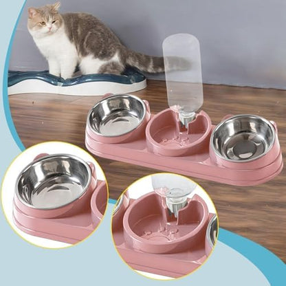 Triple Cat Bowls Pet Feeder with Water Dispenser 15° Tilted Wet and Dry Food Bowl Set for Small Dogs and Cats-