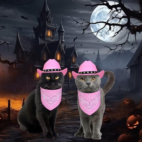 Pet Cowboy Costume, Cat Dog Halloween Costumes Halloween Pet Cat Dog Cowboy Hat with Bandana Scarf for Cats Small Dogs Pets (Pink, Small) - Image 2