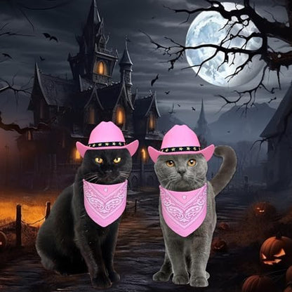 Pet Cowboy Costume, Cat Dog Halloween Costumes Halloween Pet Cat Dog Cowboy Hat with Bandana Scarf for Cats Small Dogs Pets (Pink, Small) - Image 2