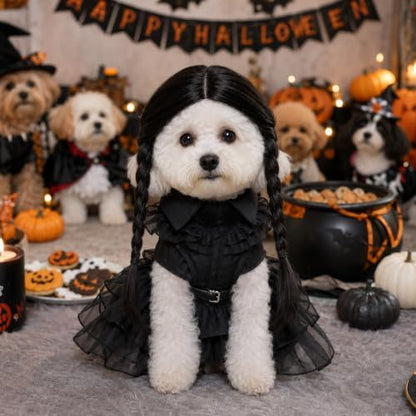 3 Pcs Halloween Dog Dress Costume with Belt Wig, Black Cute Pet Costume (M) - Image 4