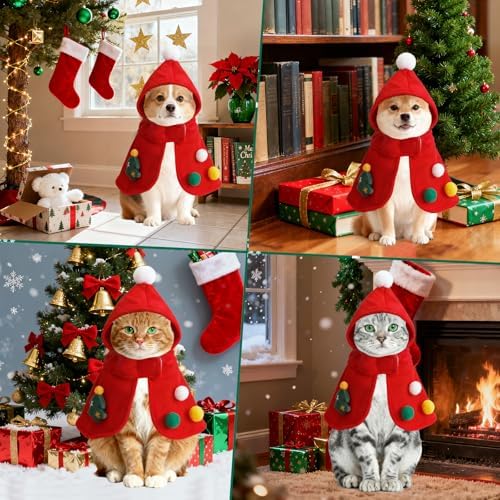 Dog Christmas Costumes Pet Cape with Hood, Cute Pet Costumes for Cats Dogs, Fluffy Dog Costume Cat Clothes for Holiday Party and Photos,（Red/L - Image 4