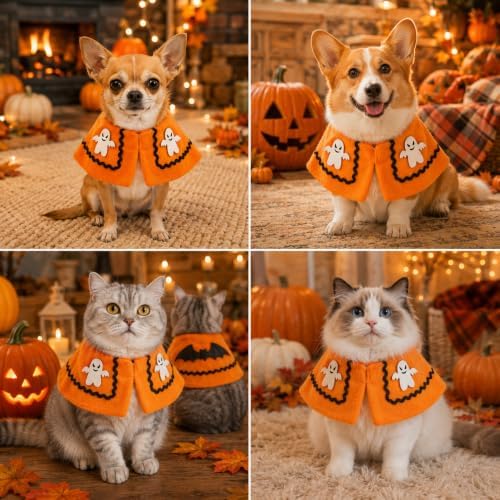 Ghost Halloween Dog Costume for Small Dogs & Cats, Soft Plush Halloween Pet Cape, Cute Cat Halloween Costume & Cat Clothes for Holiday Parties, Trick or Treat, Cosplay, Orange, Large - Image 4