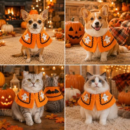 Ghost Halloween Dog Costume for Small Dogs & Cats, Soft Plush Halloween Pet Cape, Cute Cat Halloween Costume & Cat Clothes for Holiday Parties, Trick or Treat, Cosplay, Orange, Large - Image 4